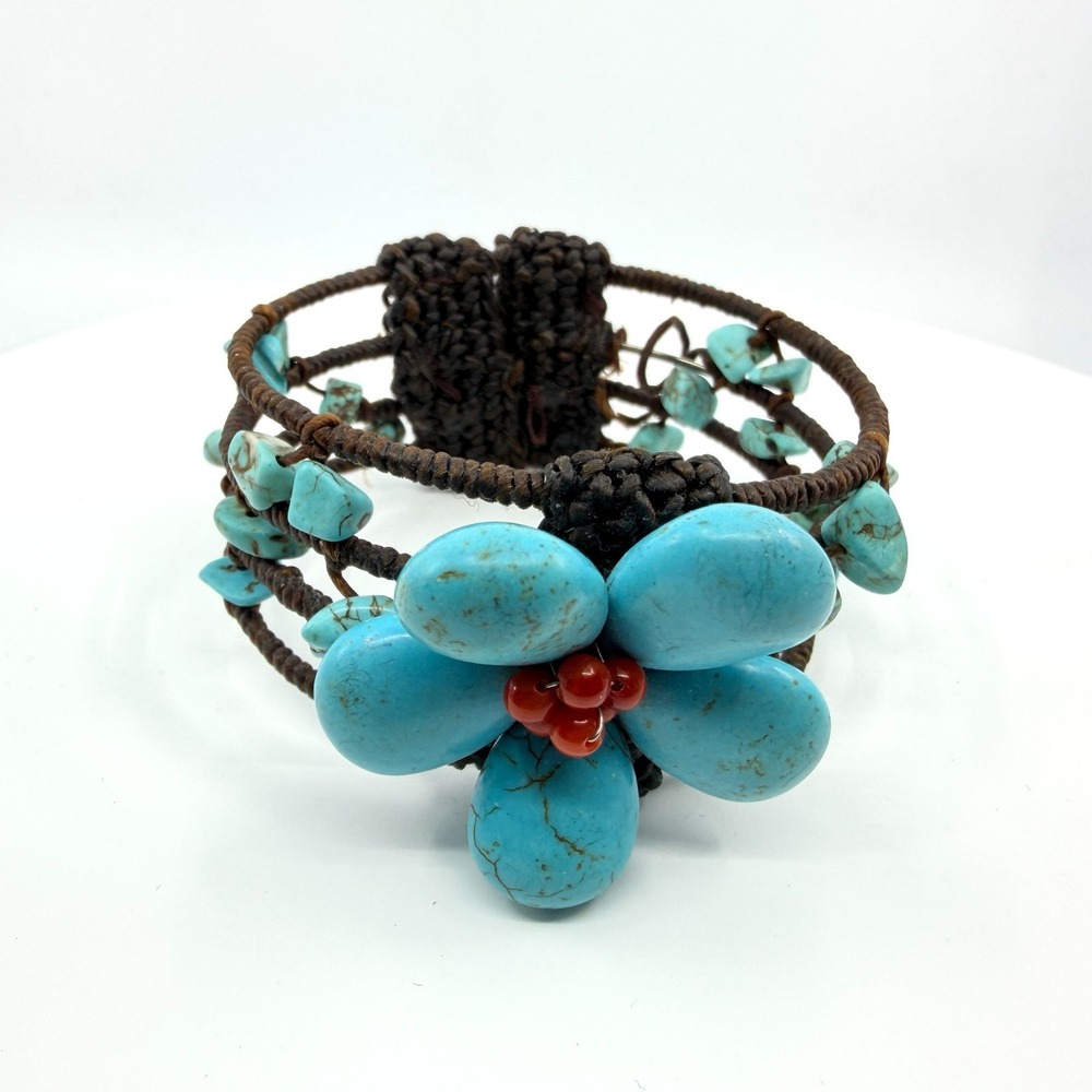 Vintage Faux Turquoise Flower Cuff Bracelet Boho Stacked Cord Statement